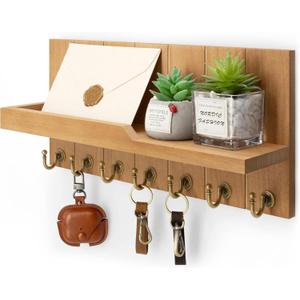 Rebee Vision Decorative Key Holder for Wall Shelf - Farmhouse Wood Wall Hanging Mail Organizer with 7 Sturdy Key Hooks for Home Entryway Decor - Stylish Key Racks (Light Brown,15-inch)