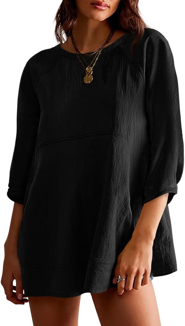 Tankaneo Women's 3/4 Sleeve Tunic Tops Casual Summer Peplum Flowy Oversized Babydoll Blouse Shirts (X-Large, Black)