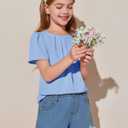 Girls Shirts Summer Short Sleeve Cute Tops Chiffon Pleated Blouses 5-14 Years Sky Blue (Blue)