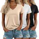 Ficerd 3 Pack Women's V Neck T Shirts, Summer Casual Short Sleeve Tops Loose Fit Rolled Sleeve Tees Trendy Shirts(Black, White, Apricot,Large)