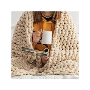 Chunky Knit Blanket Throw - 50"x60" 3.7 lbs. - Soft Chenille Yarn Knitted Blanket - Machine Washable Crochet Blanket - Handmade Cable Knit Throw Blanket for Couch, Bed (Oat White)