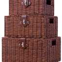 Set of 3 Woven Wicker Storage Basket Box with Lid & Lock, Built-in Carry Handles, Multifunctional Storage Organiser for Nursery, Baby, Clothes, Toys, Books, Large/Medium/Small Size (Natural)