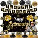 20PCS Happy Retirement Party Decorations Kit for Men Women, Kuxriox Black Gold Retirement Backdrop Balloon Honeycomb Centerpiece Swirl Paper Pompom Party Supplies, Retired Sash Table Topper Swirls Set