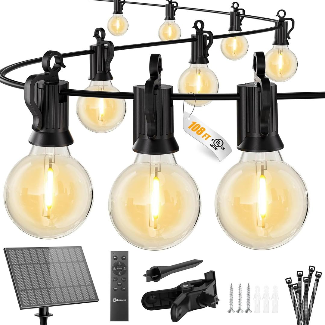 Brightown 108FT Solar String Lights Outdoor with Remote and 52 LED Shatterproof Bulbs, Dimmable & Timable, 3 Light Modes, Solar Patio String Lights Outdoor for Cafe, Garden, Deck, Outside Wedding Brightown 108FT Solar String Lights Outdoor with Remote and 52 LED Shatterproof Bulbs, Dimmable & Timable, 3 Light Modes, Solar Patio String Lights Outdoor for Cafe, Garden, Deck, Outside Wedding