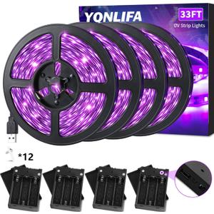 33Ft Black Light Strip, USB & Battery Operated Black Lights for Glow Party, Blacklight Strip lights for Halloween Decoration Room Decor Glass Cabinet Case Display, Light Paint(4Pack*8.2ft)