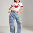 Azmxynol Tween Girl Clothes Trendy 2 Piece Outfit Short Sleeve T-Shirt Top + Butterfly Straight Jeans Denim Spring Summer Girls Fashion Clothing Set Size 11-12, Red Strawberry
