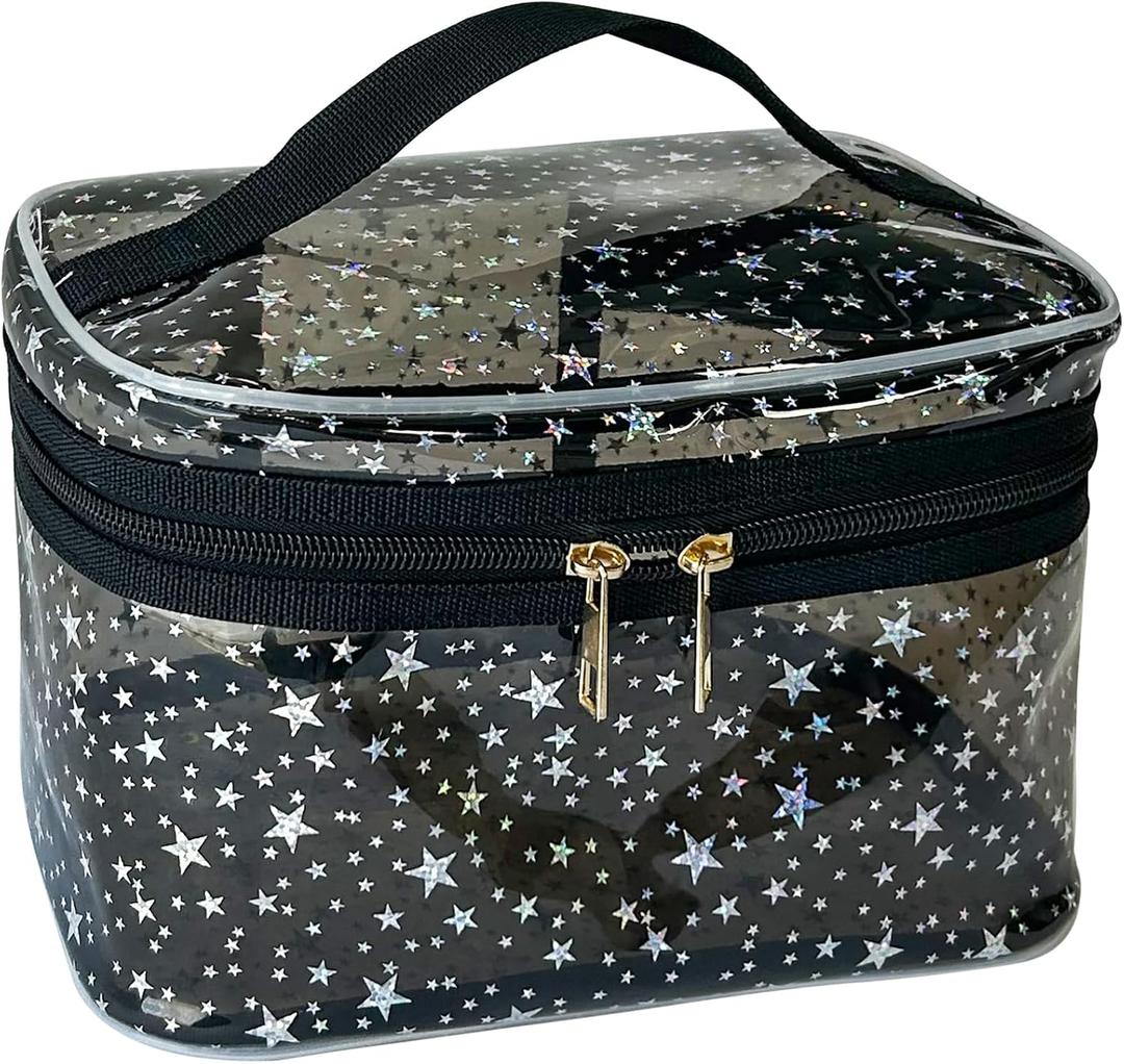 Star Print Black PVC Makeup Bag with Handle - 8.66 * 5.51 * 5.51 inch,Clear Storage Bag Toiletry Pocket Portable Zippered Pouch Waterproof Cosmetic Organizer Bags for Women(Black-L)