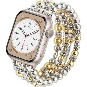 KOREDA Beaded Bracelet Compatible for Apple Watch Band 38mm 40mm 41mm 42mm 44mm 45mm 46mm Series 11 10 9 8 7 SE Women, Fashion Cute Handmade Elastic Beads Stretch Strap for iWatch Series 6/5/4/3/2/1 (Gold/Silver)