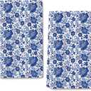 Navy Blue Floral Kitchen Towels, Chinoiserie Dish Towels Decorative Set of 2, Blue and White Hand & Tea Towel for Drying Cleaning Dish Cloths Decoration,Home Farmhouse Cleaning Kitchen Decor