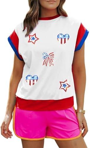 Women American Flag Cap Sleeve Shirt Sequin USA Star T-Shirt Sparkly 4th of July T-Shirt Patriotic Tee Tops M