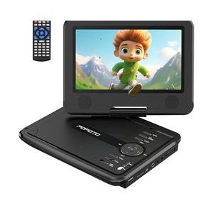 POFOTO 9.5" Portable DVD Player for Kids and Car with 7.5" Swivel Screen, 4-6 Hour Working Time, Car DVD Player with Dual Speakers, Remote Control, Support Sync TV, Region Free USB/SD/AV- Black
