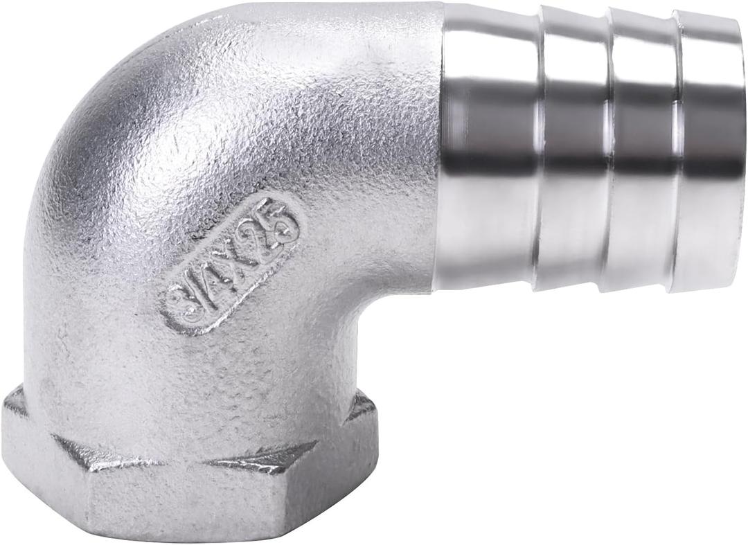 DERNORD 1" Hose Barb x 3/4" Female NPT Stainless Steel 90 Degree Elbow- Home Brew Pipe Fitting