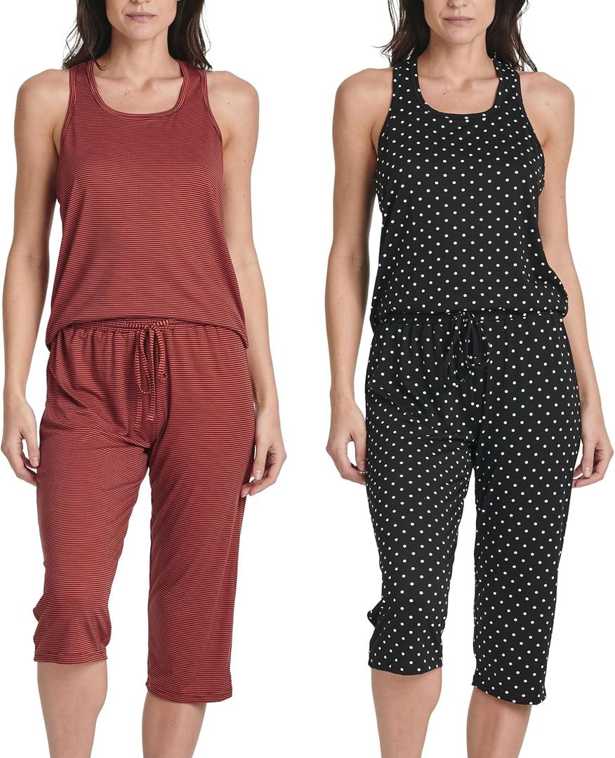 Real Essentials 2 Pack: Womens Tank Top & Capri Pajama Set - Super-Soft Sleeveless Summer Loungewear (Plus (3X)