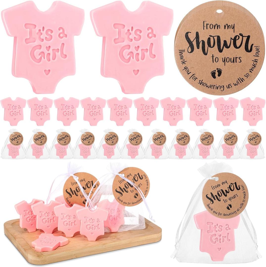 50 Sets Baby Shower Soap Favors for Guests Boy Girl Mini Handmade Scented Soaps with Thank You Tags and Organza Bags for Shower Gender Reveal Party Favors(Pink Bodysuit,It's A Girl)