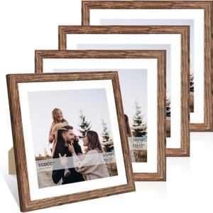 12x12 Picture Frame Set of 4, 12 x 12 Wood Photo Frames with Mat for 10x10 or 30x30cm Diamond Painting Art, Wooden Frame with Real Glass Cover for Wall and Tabletop Display,Rustic Brown