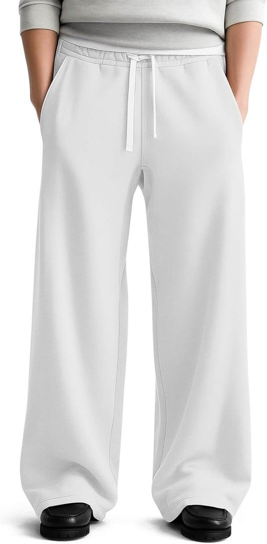 HeSaYep Men's Fleece Baggy Sweatpants Wide Leg Lounge Sweat Pants with Pockets (Large, White)