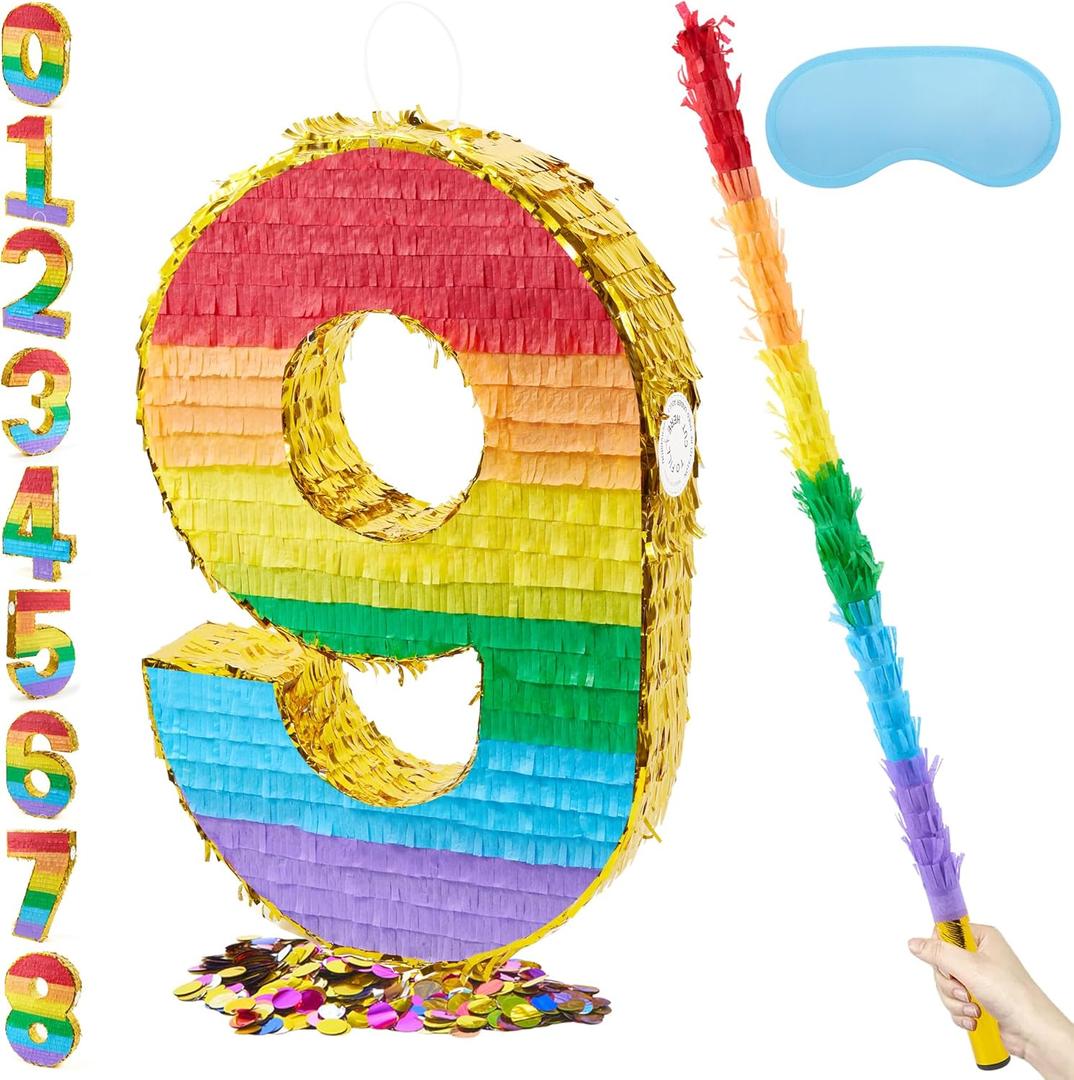 PCFING 20 Inch Number 9 Piata Rainbow with 30 Inch Piata Stick Blindfold Confetti for Boys Girls Adults Birthday Party Decorations, Anniversary Celebration, Fiesta