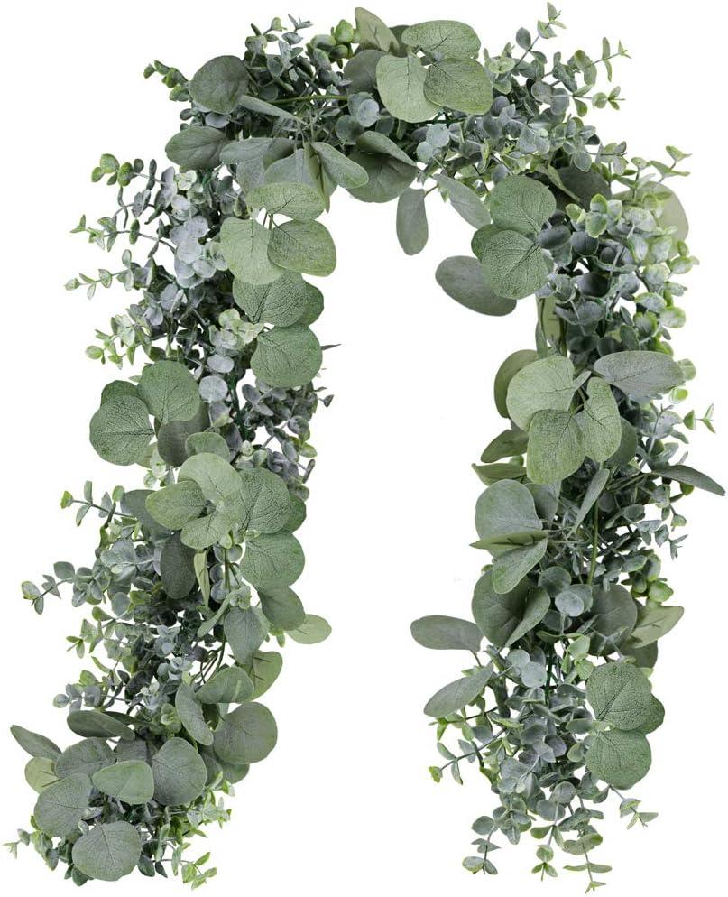 Winlyn 5.9' Long Faux Silver Dollar Eucalyptus Leaves Greenery Artificial Garland in Grey Green for Wedding Arch Swag Backdrop Doorways Table Runner Indoor Outdoor
