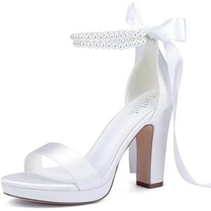 Dilhik Platform Heels Wedding Shoes for Bride Pearl Heels Open Toe Bridal Shoes Wedding Heeled Sandals 37