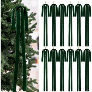 Janinka 12 Pcs Green Velvet Ribbon Bows Christmas Tree Decorations 23.5x15.5 Inch Rustic Neutral Large Velvet Vintage Christmas Swag Ornaments Staircase Wreath Bows Tree Topper Bow