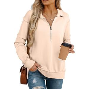 BLENCOT Womens Oversized Sweatshirt Half Zip Fleece Pullover Long Sleeve Fall Side Slit Tops Medium, Beige 