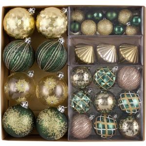 DecorbyHannah Christmas Ornaments Set, 60ct Shatterproof Emerald Green Gold Christmas Ornaments for Xmas Tree, Assorted Decorative Hanging Plastic Ball Bulk for Xmas Home Party Decor
