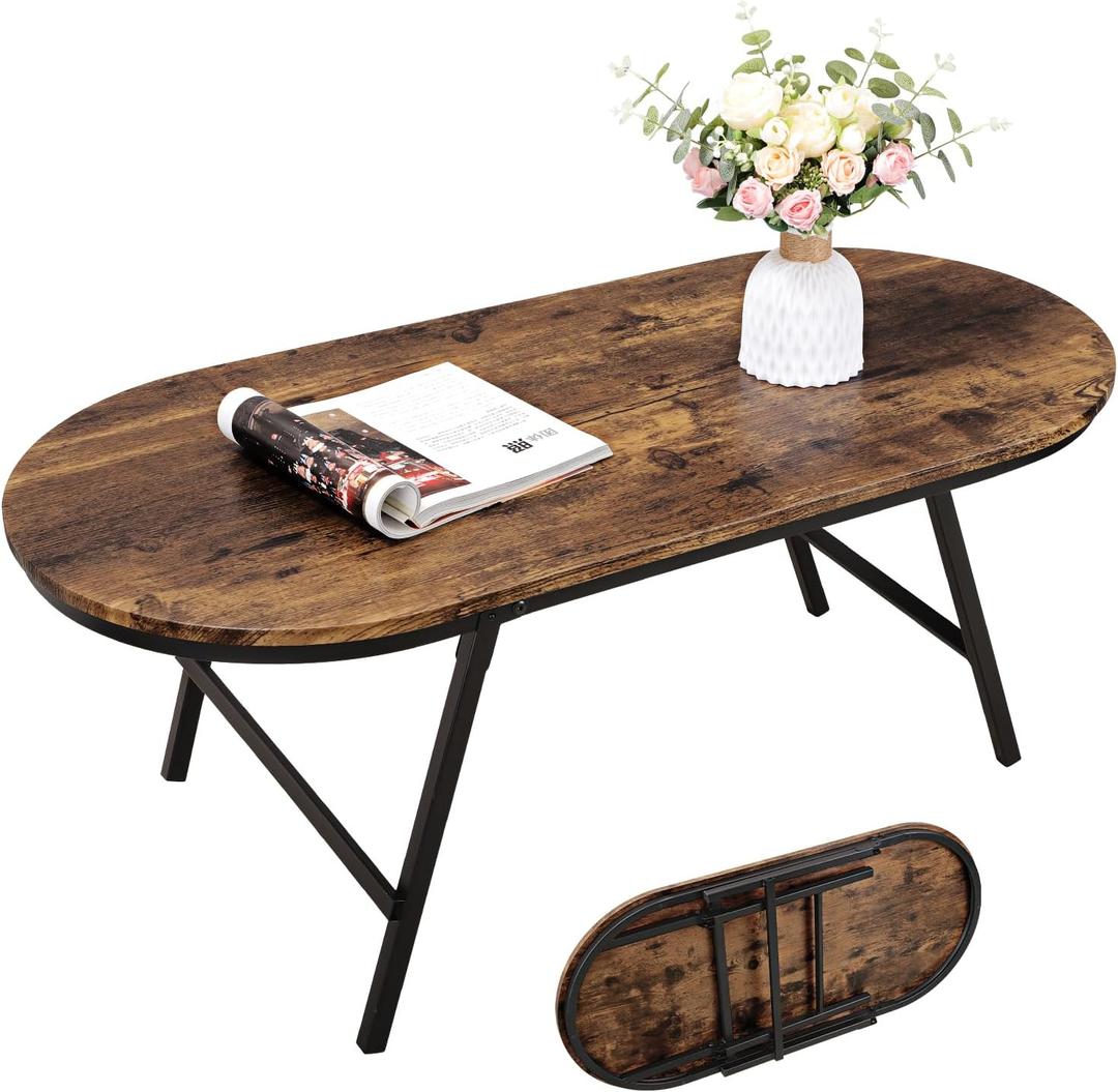 Folding Coffee Table for Living Room Industrial Brown Small Low Table Wooden Foldable Coffee Tables Oval Floor Desk Table for Small Spaces Home Office, 42 Inches X 20 Inches X 16.5 Inches
