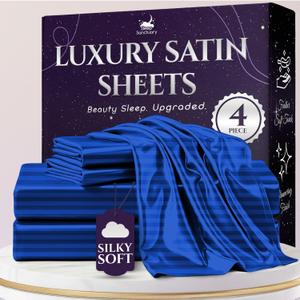 SLEEP SANCTUARY Satin Sheets Queen Size  4 Piece Luxury Silky Bed Set, Softer Than Silk, 15" Deep Pocket, Cooling & Wrinkle-Free, Moisture-Wicking & Breathable for Hair & Skin (Striped Blue)