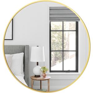 28" Round Gold Wall Mirror, Modern Style, Shatterproof Tempered Glass, Wall Mounted, Perfect for Bathroom, Bedroom, Living Room