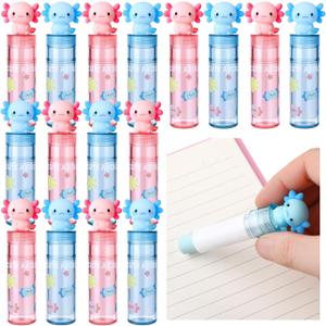 Gersoniel 16 Pcs Axolotl Retractable Erasers Axolotl Birthday Party Favor Gifts School Classroom Supplies Sliding Retractable Pink Blue Cute Animals Pencil Erasers for Amphibian Lovers Office Home