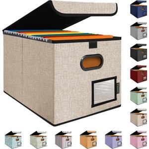 BALEINE File Organizer Box with Lid, Collapsible File Folder Organizer with Plastic Slide, Hanging File Folder Box for Office Document Storage (1 Pack, Beige)