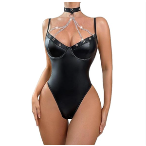 Women's Sexy Strappy Faux Leather Bodysuit Babydoll One Piece Teddy Lingerie V Neck Outfit Choker with Chain Detail, Large