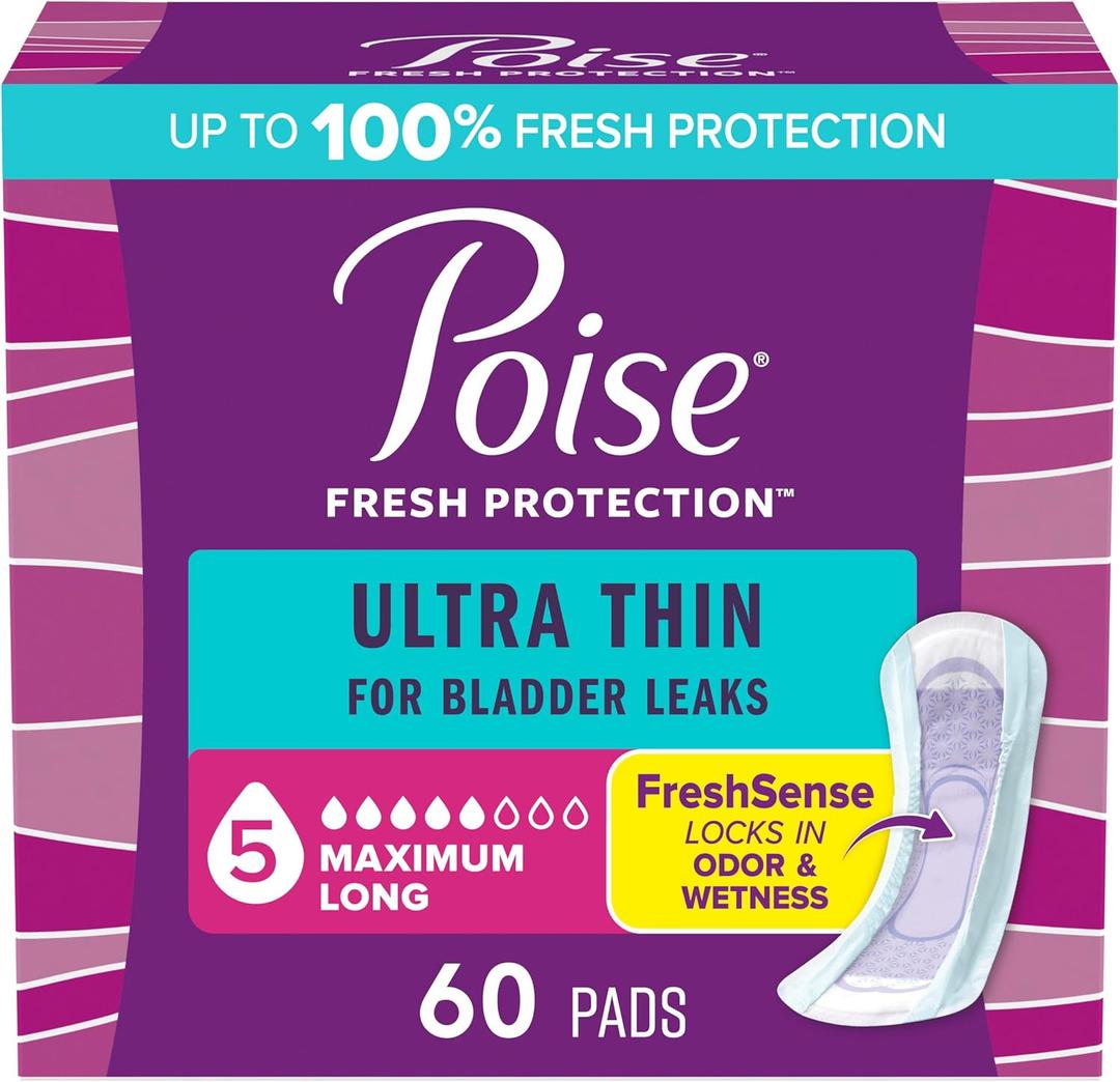 Poise Ultra Thin Incontinence & Postpartum Pads with Wings for Bladder Leaks, 5 Drop Maximum Absorbency, Long Length, 60 Count, Packaging May Vary