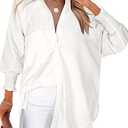 Womens Smocked Cuffed Striped Boyfriend Shirt Casual Collar Long Sleeve Oversized Button Down Blouse Tops with Pocket Shirred size M, White