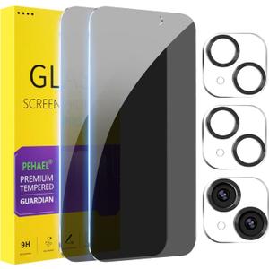 PEHAEL 2+2 Pack for iPhone 15 Privacy Screen Protector with Camera Lens Protector Full Coverage Anti-Spy Tempered Glass Film 9H Hardness Easy Installation Bubble Free [6.1 inch]