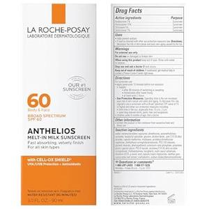 La RochePosay Anthelios MeltIn Milk Sunscreen SPF 60, Sunscreen For Body & Face, Broad Spectrum SPF + Antioxidants, Oil Free, Lightweight & Fast Absorbing, Oxybenzone Free