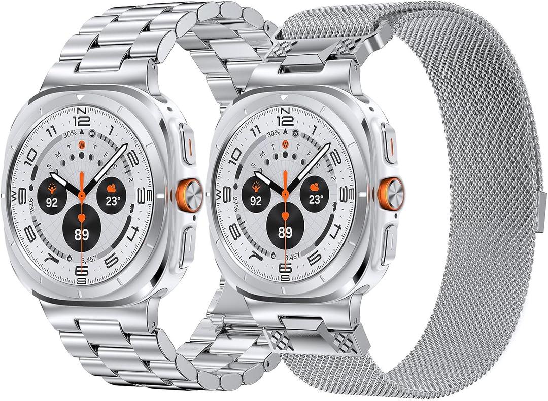 Strap Compatible with Galaxy Watch Ultra 47mm,2 Pack No Gap Soild Stainless Steel Strap + Mesh Band for Samsung Galaxy Watch Ultra 47mm 2025 and 2024 Men Women Business Wristband Replacement