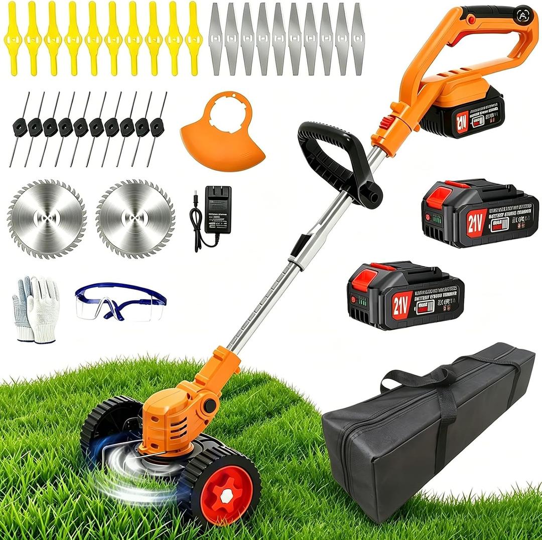 Electric Weed Wacker Cordless Eater, 21V No String Trimmer Battery Powered, 3 In 1 Lightweight Grass Trimmer/Brush Cutter/Edger with Wheels, 4 Types Blade, Stringless Weed Trimmer for Lawn Yard Garden