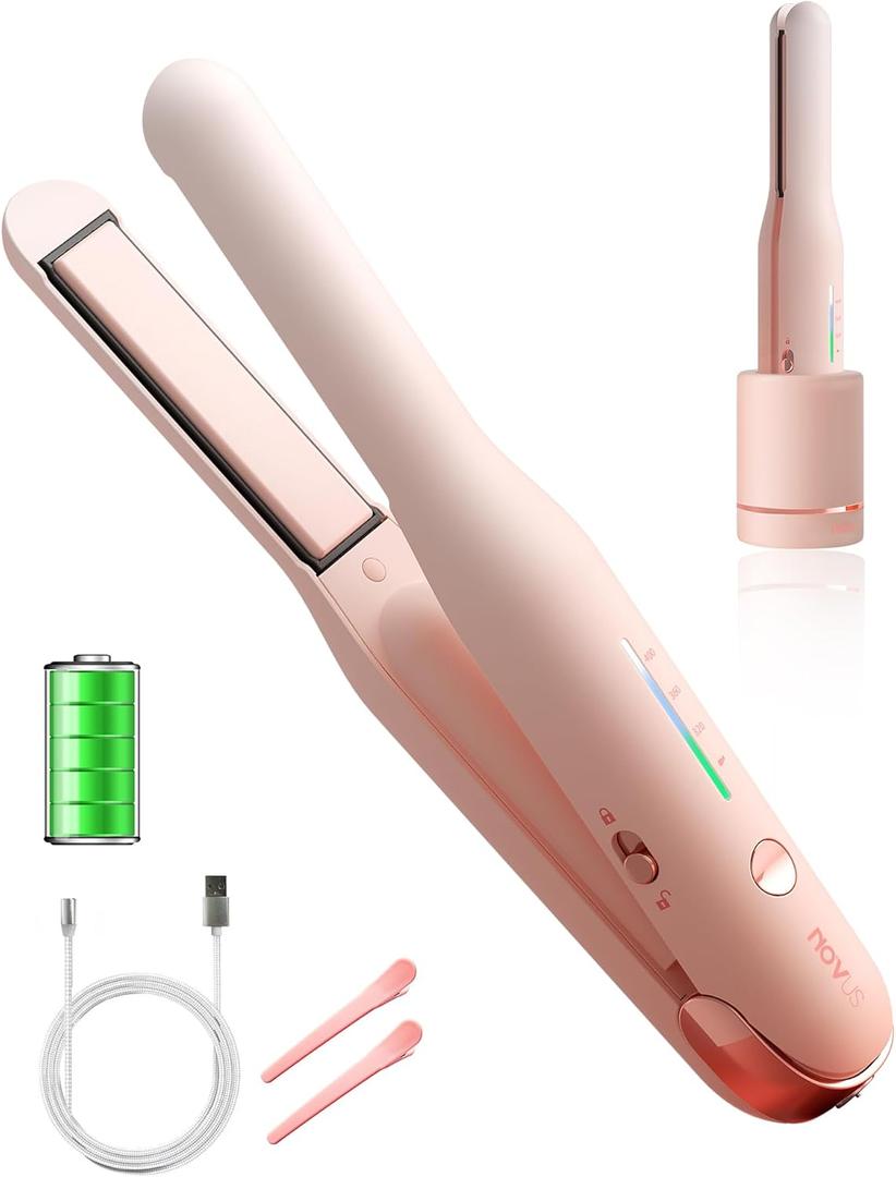 NOVUS Cordless Hair Straightener, for Fine Soft Hair/Short Hair, Portable Ceramic Hair Straightener and Curler 2 in 1, USB Rechargeable Cordless Flat Iron, Mini Size Straightener with Charging Pile