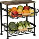 3-Layer Fruit Basket Kitchen Food Organizer and Rack Rolling Pantry Kitchen Cart On Wheels with Wood Top Table,Pull-Out Hollow Metal Basket for Sorting Spice Snacks Vegetables,Black
