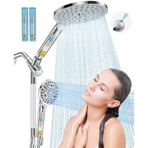 Dual Filtered Handheld Shower Heads Combo, HOPOPRO 15-Mode High Pressure Rainfall Showerheads Combo Set with Filter, for Hard Water, Removes Chlorine, Improves Skin Hair Condition, Modern Chrome