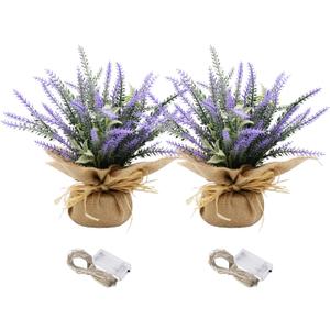 Spring Potted Lavender Bouquet Decor, 2 Pack Artificial Lavender Plant with Rustic Pots, for Table, Farmhouse, Wedding Decor, Summer Decoration, for Her