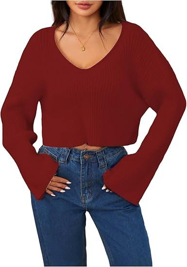 MakeMeChic Women's Cream Cropped Sweater Knit Crop Top Sweater V Neck Drop Shoulder Long Sleeve Pullover Burgundy Medium
