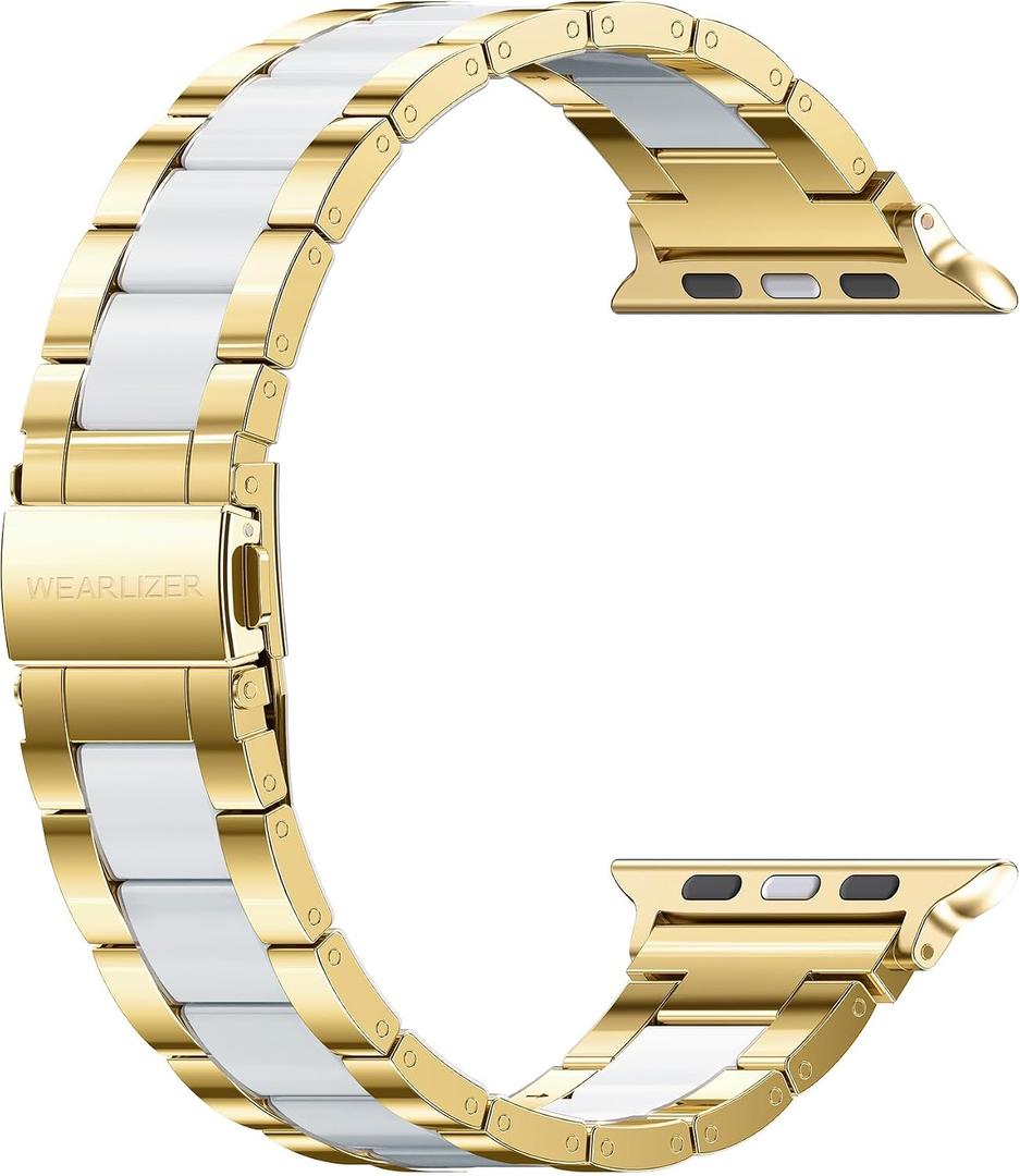 Wearlizer Compatible with Apple Watch Band 49/46/45/44/42mm Fashion Wristbands Womens, Stainless Steel+Resin Metal Replacement for iWatch Series 11 10 9 8 7 6 5 4 3 SE/Ultra 3 2 1-Gold+White