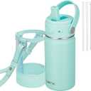 Kids Water Bottle with Straw, 14oz Insuss Steel Tumbler, Leak-Proof Locking Lid for School, Lunchbox, Outdoor Sports, Case with Shoulder Strap(1 Pack, Mint Green)