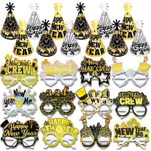 HOWAF 2026 New Year’s Eve Party Supplies, for 18 Guest, 2026 Happy New Year Party Decoration Include Cone Hats Tiaras Tassel Squawkers Glitter New Year Glasses 2026, Black and Gold Top Hats