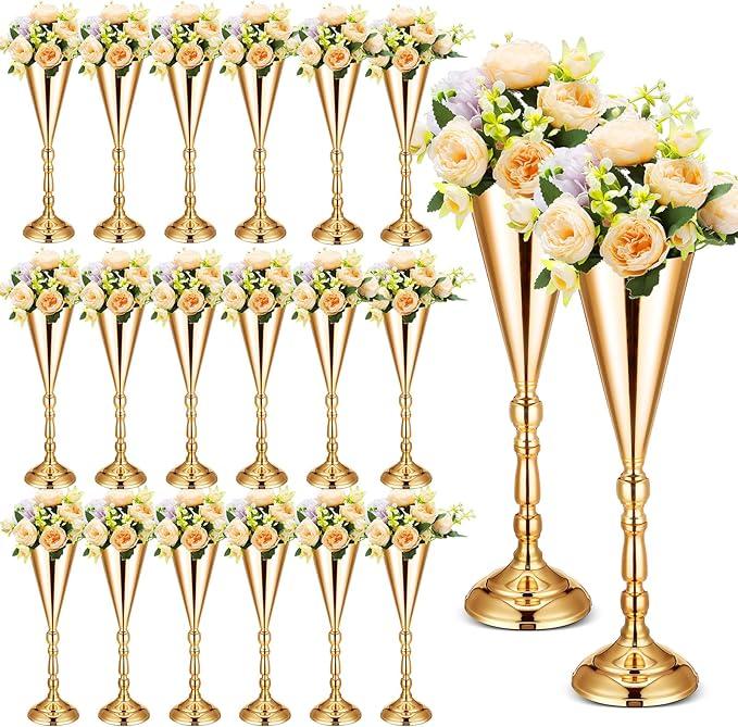 Unittype 20 Pcs 16.5 Inches Tall Gold Vase Centerpiece Wedding Metal Flower Arrangement Stand Trumpet Vase Tabletop Stand Decorative Centerpiece Table Decoration for Anniversary Ceremony Party Decor