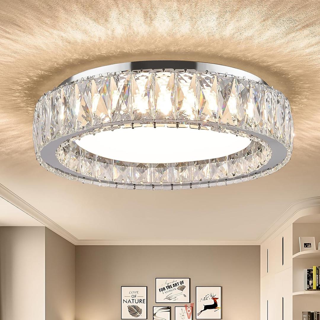 15 Inch Modern Chrome Crystal Flush Mount Chandelier,Dimmable LED 5CCT 3000K-6000K 36W,Large Round Luxury Close to Ceiling Light Fixtures for Living Room,Bedroom,Kitchen,Dining Room