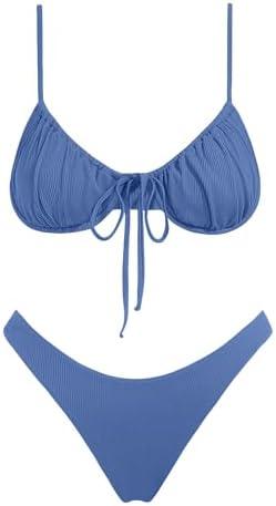 VOLAFA Women's Triangle Bikini Set Swimsuit Print Push Up Elastic Tie String Top Ribbed Two Piece Bathing Suit, Smal;