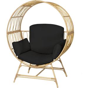 Wicker Round Egg Chair, Oversized Indoor Outdoor Lounger for Patio Living Room, w/ 4 Cushions, Steel Frame, 330lbs Capacity(YE-BK)